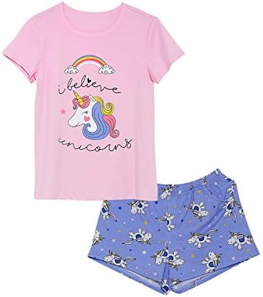 Cozchique Girls Unicorn Pajamas - 100% Cotton Short Sleeve Tee & Shorts Summer Jammies Set Sleepwear Size 10