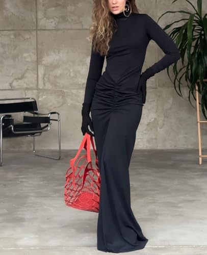 Image of Womens Sexy Maxi Dress Long Sleeve Ruched Bodycon Turtleneck Club Party Casual Wedding Dresses