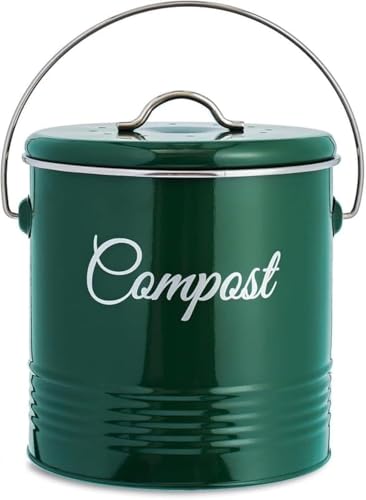 Innoteck 3L Kitchen Compost Bin with Charcoal Filters, Metal Countertop Composting Bucket with Lid & Carry Handle for Indoor Food Waste Recycling – Glossy Green Retro Compost Container