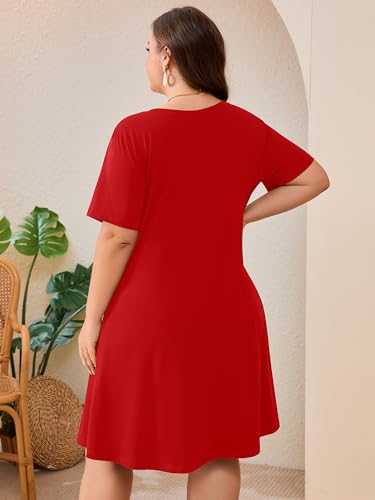 Image of AusLook Plus Size Midi Dress for Women Loose V Neck Short Sleeve Summer Casual A Line T Shirt Sundresses with Pockets 1X-5X