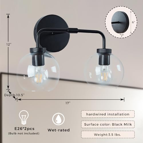 Image of Modern Matte Black Double Glass Globe Wall Sconce, 17 X 7 Inch Vanity Light Over Mirror, Bathroom Light Fixture with Matte Black Metal Canopy
