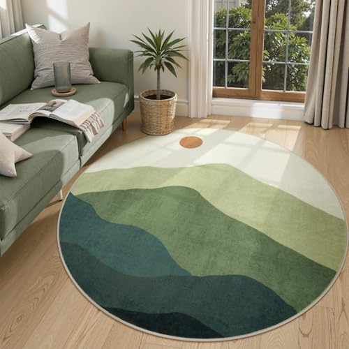 Image of Sungea Sunrise Circle Area Rug 5ft, Large Round Rugs for Living Room Non-Slip Washable Bedroom Carpet, Mountain Modern Throw Mat for Dining Room Nursery Classroom(Green)