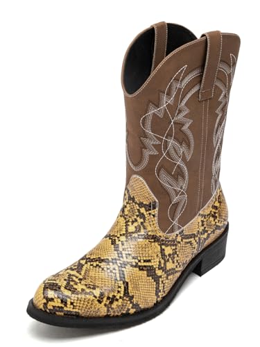 Image of Python Manning Men's Boots Cowboy for Men Classic Pointed Toe Western Pull Up Snakeskin Embroidered Mid-Calf Boots