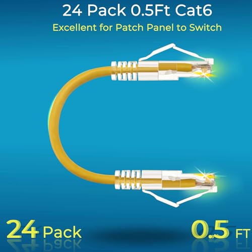 Image of Rapink Patch Cables Cat6 / Cat6a 0.5ft (24 Pack) Slim, Cat6a Ethernet Patch Cable 10G Support, Snagless Cat 6 Patch Cable for Patch Panel to Switch, Flexiable Cat6 Ethernet Cable Yellow