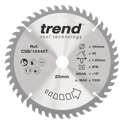 Trend Wood Cordless Circular Saw Blade, 184mm Diameter, 20mm Bore, 48 Teeth, 1.65mm Kerf, +18° Hook, TCT, Fine Finish, CSB/18448T