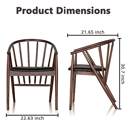 Assembled Oak Wood Arm Chair With Black Faux Leather Seat, Armchair With Curved Backrest For Kitchen, Dining, Bedroom, Living Room, Walnut Color Installation Free #TOP2