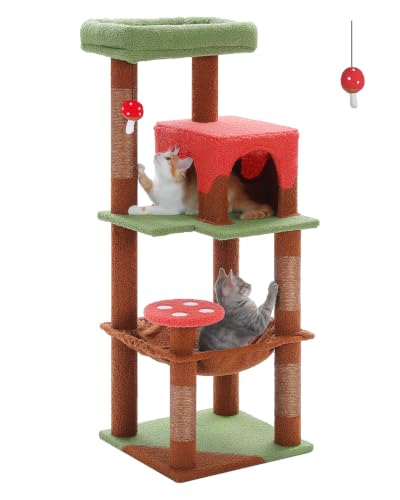 Image of MUTTROS 45.7 inch Mushroom Cat Tree with Metal Hammock, 6 Tiers, Brown | 6-tier shelves, Metal plush hammock, 2-door condo house, Sisal posts, Large top perch, For Small cats