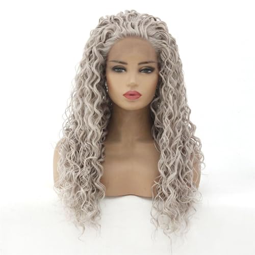 Pelucas delanteras de encaje rubio gris peluca sintética gris rizada suelta for mujeres pelo esponjoso de rebote(26inch)