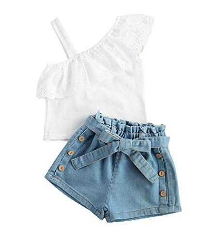 Summer Fashion Baby Girls Clothes Sets Blue Denim One Shoulder Short Sleeve T Shirts Shorts Trousers (White, 2-3 Years)