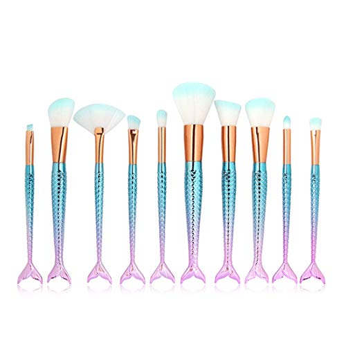 Blue Mermaid Makeup Brush Set with FREE Contour Brush I Deals I 11 Pcs Mermaid Brush Set