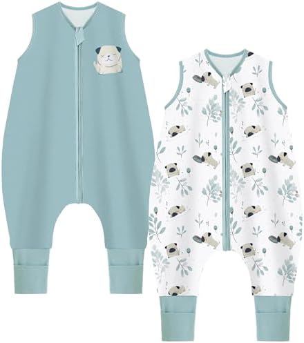 Chilsuessy Baby Sommerschlafsack mit Füßen 2er Pack 1 Tog Kinder Schlafsack mit Beinen 100% Baumwolle Schlafstrampler für Jungen Mädchen, 1 Tog/Grün + Süß Welpe, 80cm/Baby Höhe 90-