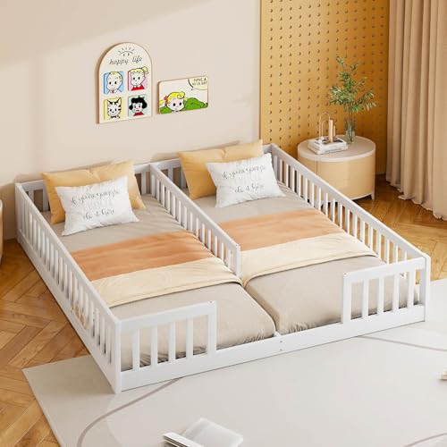KOMHTOM 90 x 200 cm Lit Deux Place avec Barrières de Sécurité Lit d'enfant sans Sommier à Lattes en Bois, Cadre de Lit Minimaliste(sans Matelas) (Blanc-B)