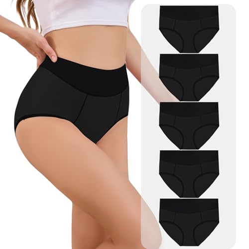 KAZNA Womens Cotton Underwear, High Waisted Briefs Panties Plus & Regular Size, Breathable Soft Hipster 5 Pack