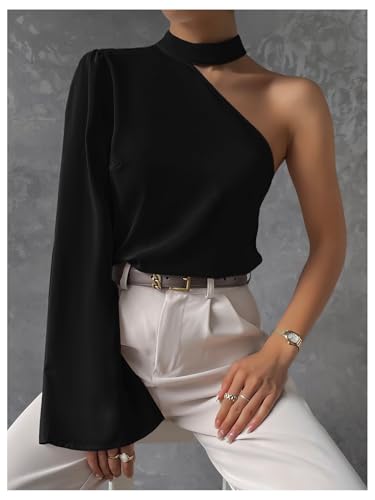 Verdusa Women's Solid Asymmetrical Neck Halter Long Sleeve Tops One Shoulder Bell Sleeve Blouse3