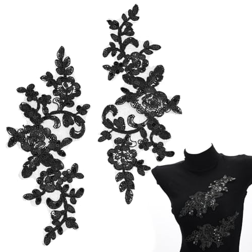 GORGECRAFT 3D Sequin Beads Embroidered Lace Applique Flowers Leaves Sew on Trim Patches Glitter Bead Floral Collar Fabric Craft Decoration Patch for Sewing Wedding Clothes Dress Pants Jeans Bag Black