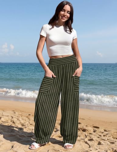 Image of TARSE Women's Linen Wide Leg Pants Baggy High Waist Palazzo Pants | Barrel Leg Fit, Harem Patch Pockets, Loose Casual Style, Breathable Fabric, Vacation Ready