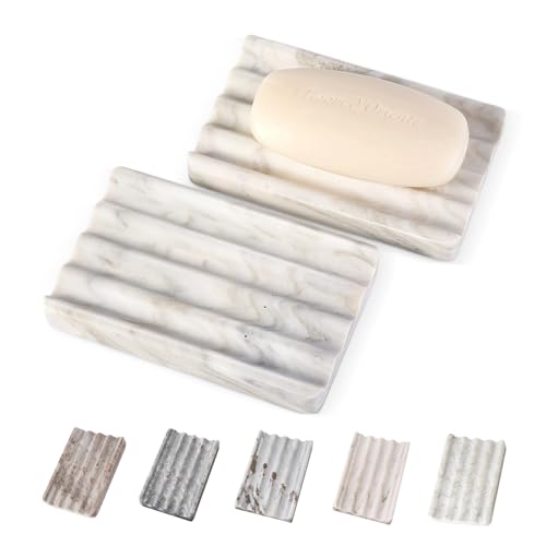2PCS Koville Italian Natural Marble Soap Dish for Shower Multi-Color Stone Soap Tray for Bathroom Bar Soap Holder for Sink Stripe Grooves Soap Saver Sponge Holder (White/Brown Random)