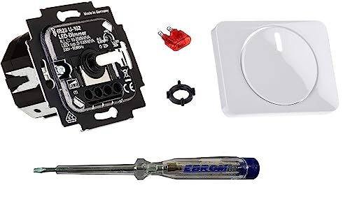 Busch Jäger 6523U-102 LED-Drehdimmer LED-Dimmer mit Dimmerscheibe Zentralplatte 6540-24G in alpha studioweiß glänzend inklusive EBROM Phasenprüfer zur Montage des Dimmers (6523 U – 102)
