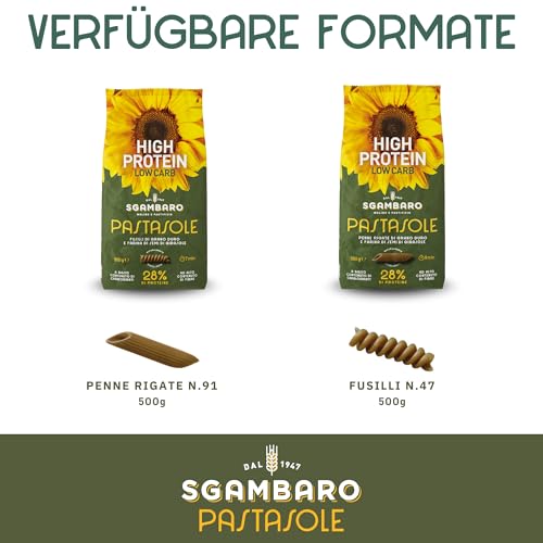 PASTASOLE Sgambaro, Penne Rigate mit Hartweizengrieß aus 100% italienischem Anbau und Sonnenblumenkernmehl - 500g - High Protein, Low Carb, Hoher Ballaststoffgehalt