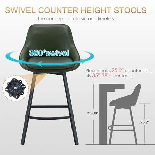 Image of Zesthouse Swivel Bar Stools Set of 4, 26 inch Modern Counter Height Bar Stools with Low Backs, Upholstered Faux Leather Bar Chairs for Kitchen Counter, Green Island Chairs with Metal Legs