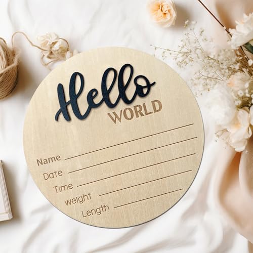 Image of Baby Announcement Sign, ​5.9 Inch Wooden Hello World Newborn Signs, Birth Announcement Sign, Baby Shower Hospital Nursery for Newborn Boys and Girls (Black)