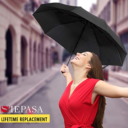 Siepasa Windproof Travel Compact Umbrella, 8-Ribs Anti-Uv Waterproof Folding Umbrella With Telfon Coating-One Button For Auto Open And Close. (Black) #TOP1