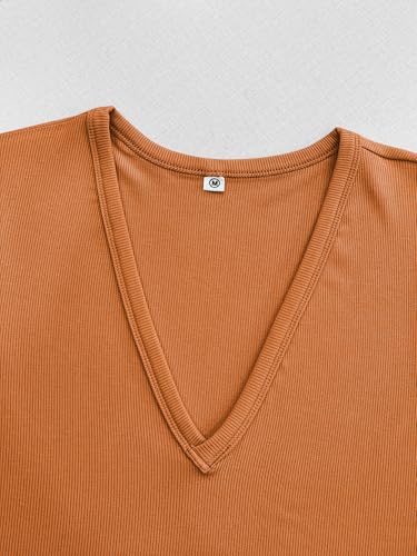 Image of Albe Rita Women Short Sleeve T-Shirt Cap V Neck Shirts for Women Ribbed Casual Top Knit Slim Fit for Summer