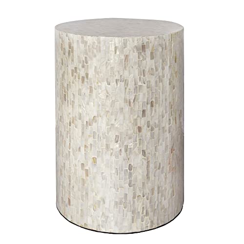 PEMAR Mother of Pearl Cylinder Drum End Table Nacre Side Stool Round Accent Table Coffee Bedside Nightstand and Vanity Stool (Pearl White & Cream)
