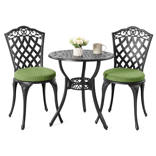 Image of NUU GARDEN 3-Piece Cast Aluminum Patio Bistro Set, Outdoor Table and Chairs Set of 2 with Umbrella Hole and Green Cushions for Patio, Balcony, Garden, Black