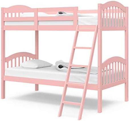 Storkcraft Long Horn Solid Hardwood Twin Bunk Bed, Pink Twin Bunk Beds for Kids with Ladder and Safety Rail