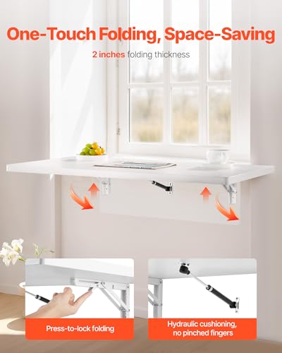 Image of VEVOR Wall Mounted Folding Table, 35.4 x 19.7 inches Wall Mount Table, Floating Desk with Iron Bracket for Small Spaces, Home Office, Dining, Laundry Room, Kitchen, Bar, White