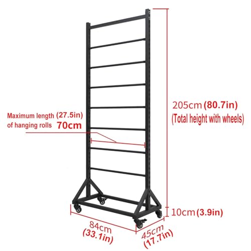 JevLoN Heavy Duty Vinyl Roll Holder, Transfer Paper Tape, Wallpaper, Window Film Display Rack with Adjustable Hanging Rod, Wire Spool Storage Rack Metal Rack for Garage Workshop(6 rods)