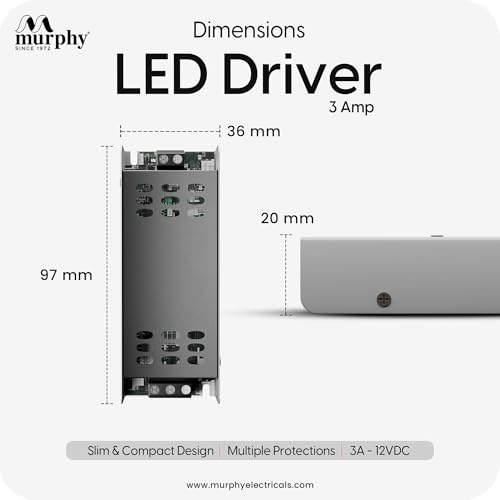 Image of Murphy 3A 12V DC LED Driver (SMPS) | Constant Voltage Power Supply for Indoor LED Strip Lights | Aluminium Body | BIS Approved | Pack of 1 (1-Year Warranty)