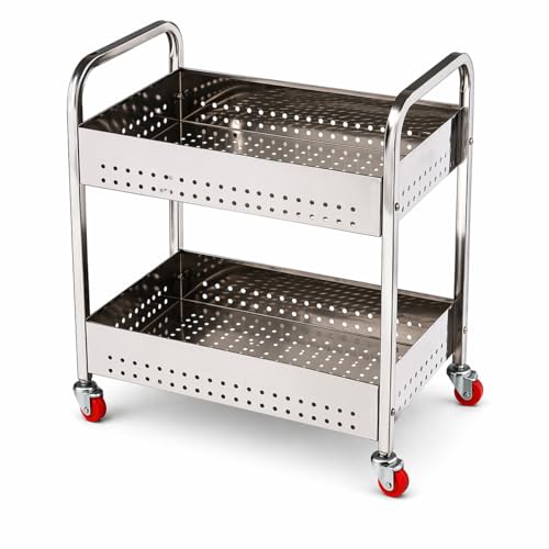Image of TUNIS 2 Tier 202 Premium Stainless Steel Kitchen Storage Trolley with 360 Rotating Wheels | Multipurpose Vegetable & Fruit Rack Organizer | Movable Storage Cart for Kitchen, Pantry & Home