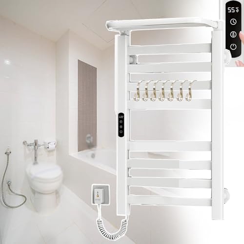 QXGJTLI Toallero para baño, Toallero con Estante Superior, Secador de Toallas eléctrico de 8 Barras, Calentador de baño montado en la Pared con Temporizador y Temperatura de 30 a 70 ℃, Blanco