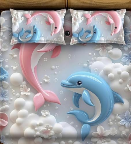 Image of Digital Printed Heavy Quality Glace Cotton 7D Bedsheet for Double Bed, 90 inch x 100 inch Flat Bedsheet with 2 Matching Pillow Covers, 300 TC (Dolphin)