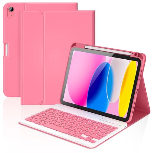 KBCASE for iPad 11th 10th Generation Case with Keyboard Detachable Wireless Keyboard Case for iPad A16 11 inch 2025/10th Gen 10.9 inch 2022 with Pencil Holder (Hot Pink)