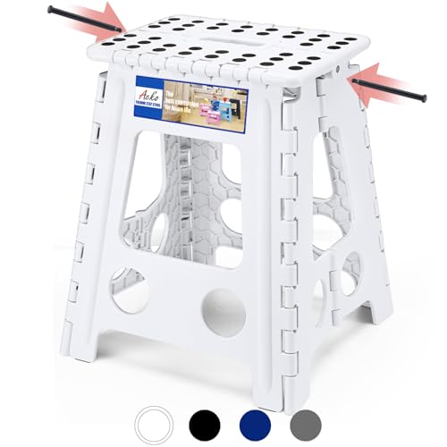 Image of ACKO Folding Step Stool Foldable 16 Inch 400 lbs Capacity, Plastic Stools for Adults and Kids, Collapsible Stools for Kitchen, Stepping Stool with Handle (White)