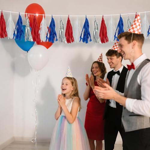Image of 4th of July Decorations Tassel Garland - 10FT Red White Blue Silver Fringe Banner, No DIY Tissue Paper banner for Independence Day, America Patriotic Party,Memorial Day,Labor Day