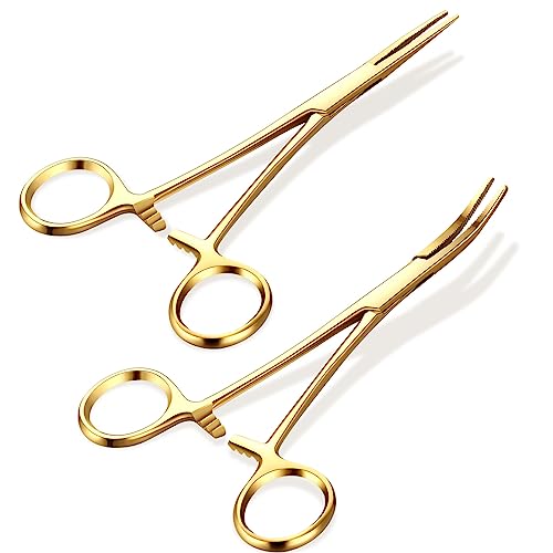 Image of BBTO Hemostat Curved and Straight Hemostat Forceps Piercing Pliers Forceps, Stainless Steel Straight and Curved Pliers, Fishing Tweezer(Gold,2 Pcs)