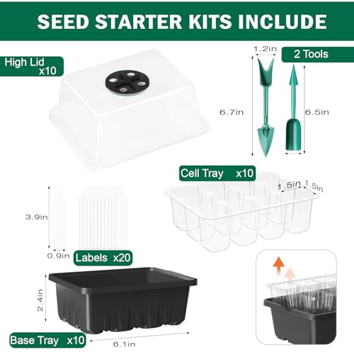 WY8 10 Pack Seed Trays Starter Kit, 120 Cells Reusable Greenhouse Seedling Starter Tray with High Lid Dome and Deep Base, Herb Garden Plant Humidity Adjustable Grow Kit Indoor or Outdoor