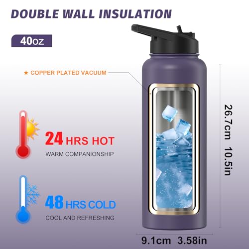 Image of 40oz Insulated Water Bottle (Cold for 48 Hrs),BPA Free&Leak Proof,Stainless Steel Water Flask,Water Jug with Straw Spout Lids for Gym,Hiking,Travel,Purple