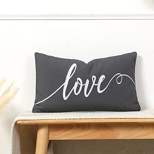 Sanmetex Decorative Throw Pillow Covers 12X20 Inches, Embroidery Love Decro Soft Cotton Lumbar Pillowcase, Dark Gray Rectangular Pillow Cover For Bed, Bedroom, Pack Of 1. #TOP3