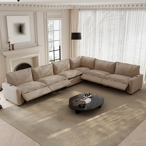 Image of 140.16 inch Power Reclining Sofa with Wireless Charging & Heated Seats,Smart Recliner Sectional Couch,Zero Gravity Recliner Sofa,Deep Seat Cloud Couch for Living Room Home Theater,Khaki,6 Seats