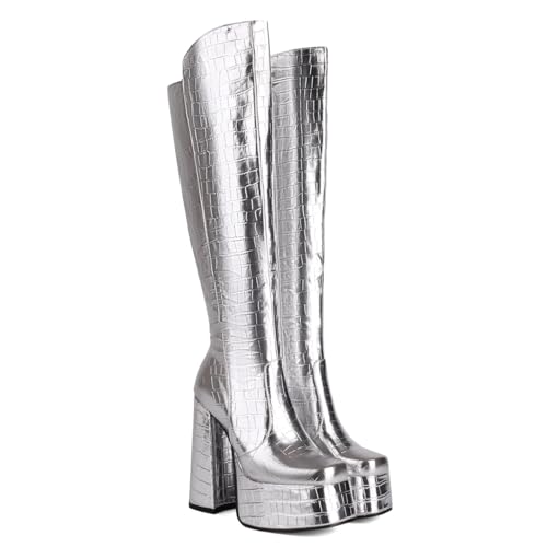 Women's Crocodile Chunky Heel Platform Square toe Knee High Boots Side Zipper Tall Boots Comfortable Stylish High heels Winter Boots2