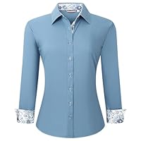 Esabel.C Camisa social feminina de algodão, manga comprida, ajuste regular, com botões e stretch, Turquesa, GG