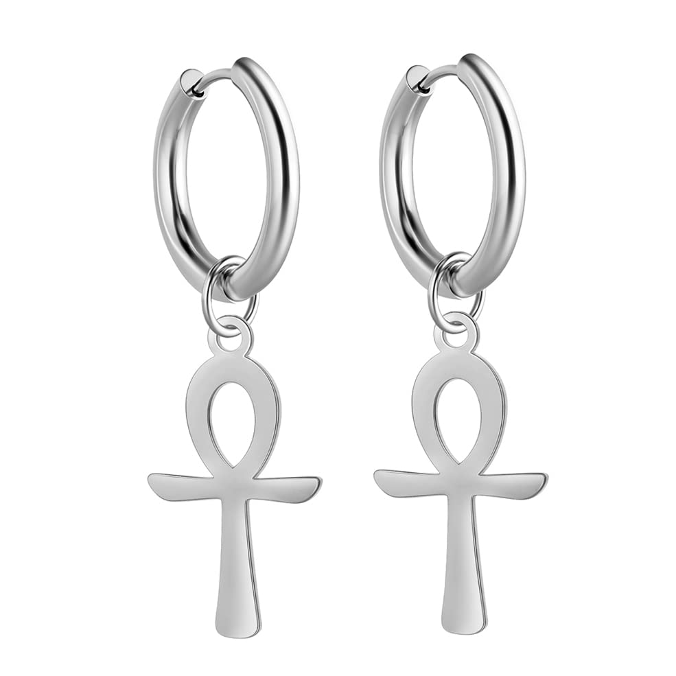 Ankh egipcio Cruz Pendientes Colgante Pendientes de aro de acero inoxidable cuelgan Llave de la Vida Amuleto Clásico Cruz Joyería para Mujeres Hombres (Plata)