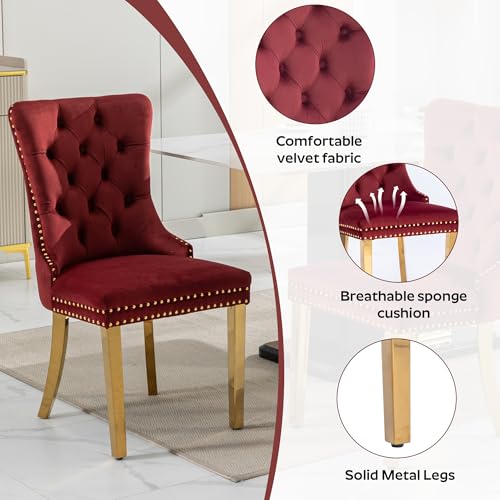 Image of 5-Piece Dining Table Set with 47In Tempered Glass Table and 4 Velvet Upholstered Chairs, Modern Scandinavian Furniture for Dining Room Kitchen(Burgundy&Gold)