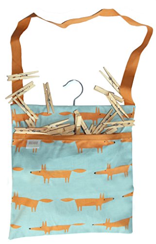 Mr Fox Print - Aqua Blue & Orange Fox Print Premium Quality Wipe Clean Cotton PEG Bag with Clothes Line Hanging Hook - Includes 40 Quality Wooden Clip Clothes PEGS