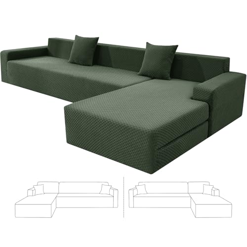 ZNSAYOTX Sectional Couch Covers, Stretch Jacquard Slipcovers with Elastic Bottom for L-Shape Sectional Sofa, 2 Pcs Pet Friendly Modular Sofa Protector (3 Seat Couch + 3 Seat Chaise, Army Green)